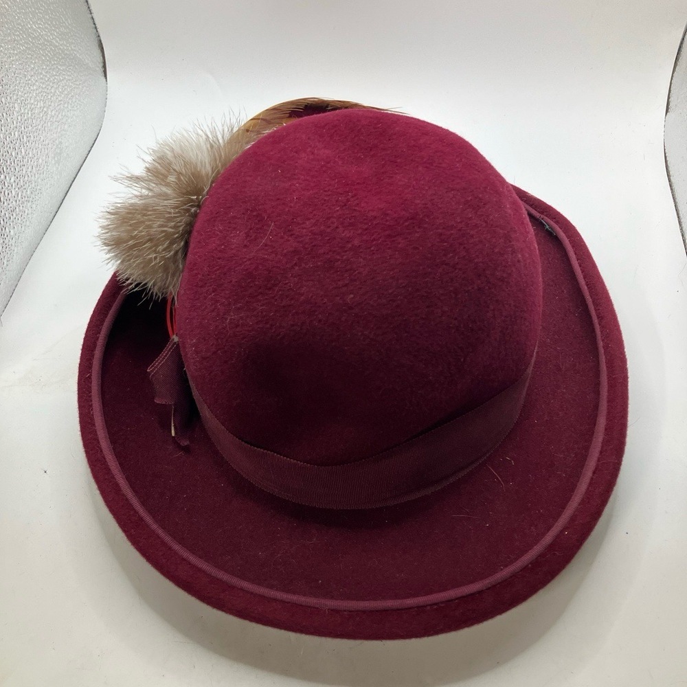Adolfo II Hat One Size Burgundy Cloche Decorative Feather Felt Vintage‎ Chic